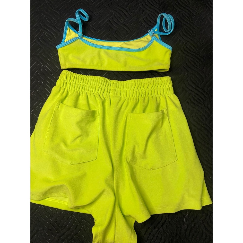 Frankies Bikinis Morgan Shorts & Terry Bikini Top Set Neon Yellow Green Blue XS - Picture 2 of 6